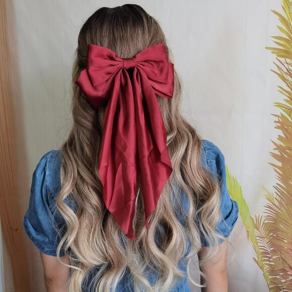 Lot of 2 Red and Pink Silky Hair Bows for Women 2 Piece Set Big Hair Bow Cute Ha - Picture 4 of 8